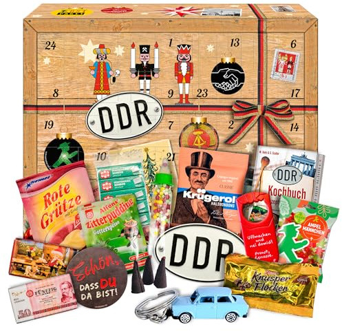 Adventskalender 2025 mit Ostprodukten & Spezialitäten aus dem Osten - Ost Weihnachtskalender für Ossis inkl. Kochbuch & Süßigkeiten