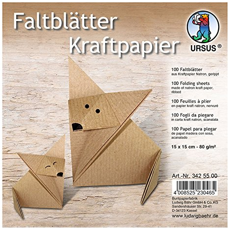 Ursus 3425500 - Faltblätter Kraftpapier, ca. 15 x 15 cm, aus Natron Kraftpapier, 80 g/qm, 100 Blatt, gerippt, für kleine und große Origami Künstler, ideal für kreative Bastelarbeiten