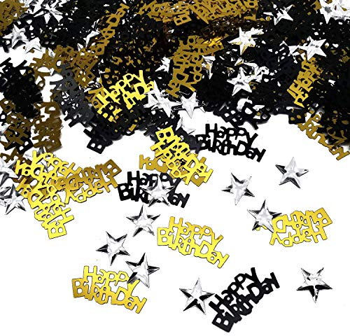 iZoeL Confettis Noir Or Happy Birthday 240 pcs + Argent étoile 350 pcs - Décoration Table Anniversaire Deco Table Confettis