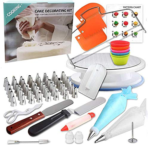Kit di 90 pezzi per decorare torte con giradischi per torta, livellatore per torta, 48 punte per tubazioni con schemi, 20 sacchetti per glassa, 3 raschietti per torte per principianti