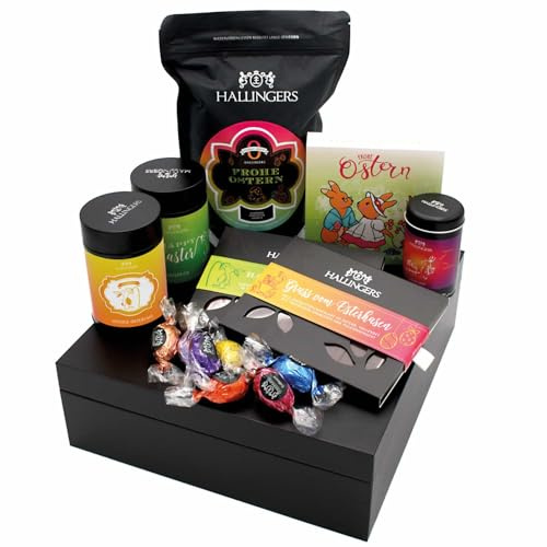 Hallingers Genuss Manufaktur Feinkost Oster-Geschenk-Set - XXL-Geschenkkorb Easter Big Box ... großes Osternest Schokolade, Kaffee, Pralinen-Ostereier & Osterhase, Ostern Körbchen für Frauen Männer