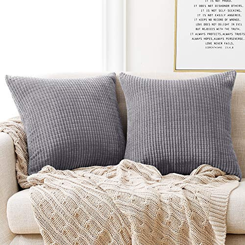 Deconovo Set of 2 Super Soft Corduroy Large Cushion Covers 60cm x 60cm, 24x24 Inches Grid Solid Throw Pillow Casess, Square Pillow Protectors Cushion Covers for Chairs(Light Grey, 2 Pieces)