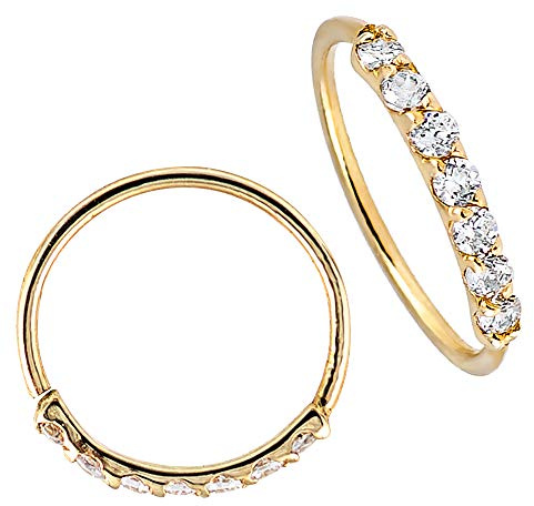 Jewelry Avalanche 22G Solid 14Kt Gold Nose Ring with 7 Prong Set Diamond Simulated CZ Stones Accent - 8mm inside Diameter Nose Ring - Helix Earring - Cartilage Earring 14K Yellow Gold