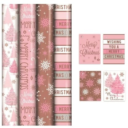 4 Rolls Of 8M Blush Pink Gift Wrapping Paper - Rose Gold Wrap - Pink Mix Festive Paper - 8M x 70CM With 20 Matching Festive Tags Ideal For The festive Season