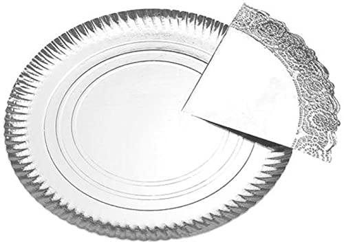 Acan Plateau rond en carton argenté avec cloche, diamètre 38 cm, plateau recyclable pour gâteaux avec dentelle en papier, spécial fête ou célébration, présentation de desserts