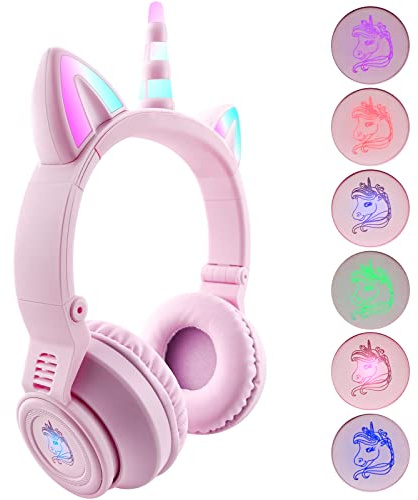 hisonic Kopfhörerkinder Bluetooth, Over-Ear Einhorn Bluetooth Kopfhörer, Mädchen Kopfhörer mit Bunte Lichter, Mikrofon und SD-Kartensteckplatz für Schule/Reisen. (Rosa+Lila)