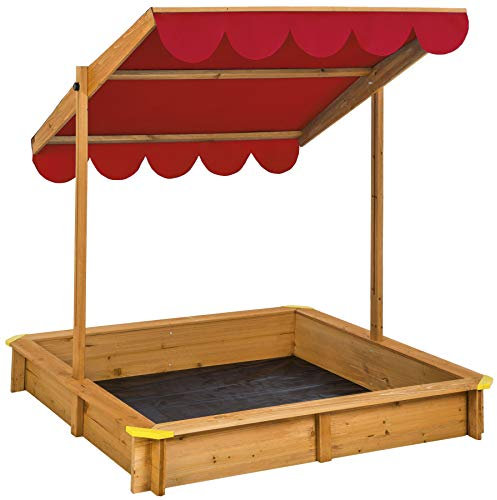 tectake® Sabbiera per bambini da esterno, Sabbionaia con tetto regolabile, tenda da sole orientabile, telone antierbacce, sandbox in legno massiccio, paraspigoli in plastica - 120x120x120 cm, Rosso