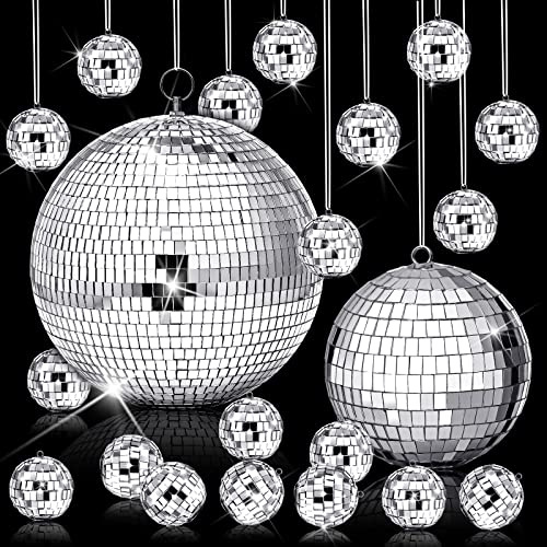 17 Pcs Disco Ball Decor: Mini Large Assorted Size Hanging Mirror Disco Ball Sets - Silver Party Ornaments for Stage Club Prom Props 70s Weddings Dance Music Birthday(8, 6, 1.2 Inch)