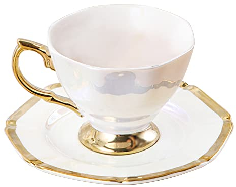 fanquare Tasse à Thé et Soucoupe Iridescentes de 200 ml, Tasse à Thé arc-en-ciel en Céramique avec Bord Doré, Set de Tasses à Café pour La Maison, Les Cadeaux et Les Fêtes