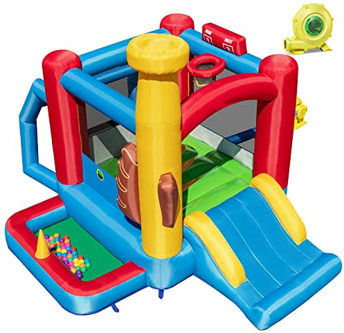 Maxmass Inflatable Bounce House, Kids Bouncy Castle with 680W Blower, Slide, Ball Pit, Jumping Area, Ocean Balls, Blowup Jumping Bouncer Playhouse for Indoor & Outdoor (Baseball Theme)