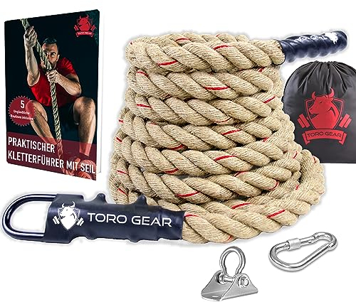 Toro Gear | 38 Millimeter Juteseil zum Klettern, 3-6 Meter | Kletterseil mit Karabinerhaken und Aufhänger für Crossfit, Fitness, Fitnessstudios und Feuerwehrtraining (38 mm X 4 m)