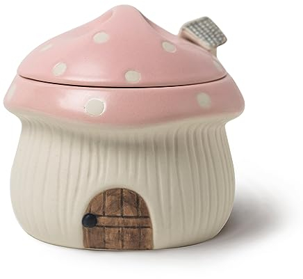 RESVUGA Ceramic Sugar Bowl with Lid and Spoon, Cute Mushroom House Design. Porcelain Seasoning Storage Jar, 320 ml. (Pink)