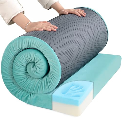 HOMBYS Portable Memory Foam Camping Mattress for Outdoor Sleeping, 3 Thick Roll Up Waterproof Camping Mattress Pad Mat for Travel Truck Bed Tent (Blue, Small Single-72x24x3)