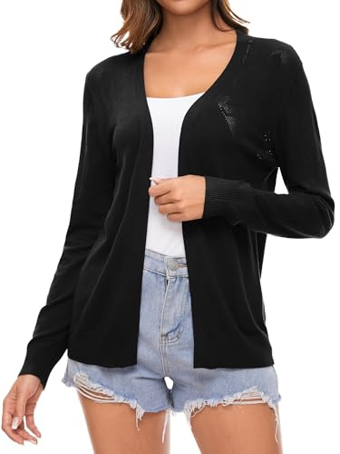 Famrrifuu Femme Gilet Cardigan été Coton Manches Longues Veste Tricot Léger Ouverte Devant Elegant Gilet,Noir,L