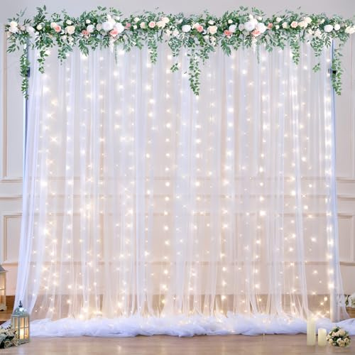 Rideau de Fond en Tulle Blanc avec Guirlande Lumineuse pour fêtes, Mariage, fête prénuptiale, Toile de Fond Blanche Transparente pour Anniversaire, fête prénatale, Cabine Photo, décoration de Fond de
