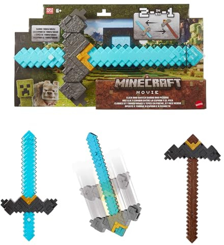 Mattel Minecraft Sword and Pickaxe 2-in-1 Toy, Button-Activated Click and Switch Role-Play Accessory Inspired by A Minecraft Movie, JFR72