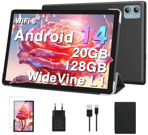 DEERTiME 2025 Tablet 10 Pulgadas Android 14 con 20GB RAM+128GB ROM/TF Ampliable a 2TB, Octa-Core, 5G+2.4G WiFi 6 | Widevine L1 | 8MP+5MP | BT 5.0 | Widgets | GMS Certificado Tablet con Funda - Negro