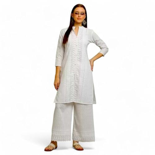 RangMahal Conjunto indio de algodón hecho a mano para mujer Lucknowi Chikankari Kurta Palazzo, L