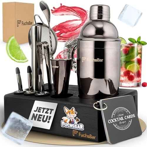 FuchsBar Cocktail-Set, 8-teilig, Edelstahl, mit Shaker, Barsieb, Löffel, Rezeptkarten & Zubehör – Perfektes Bar-Set für Zuhause, Partys & als Geschenk