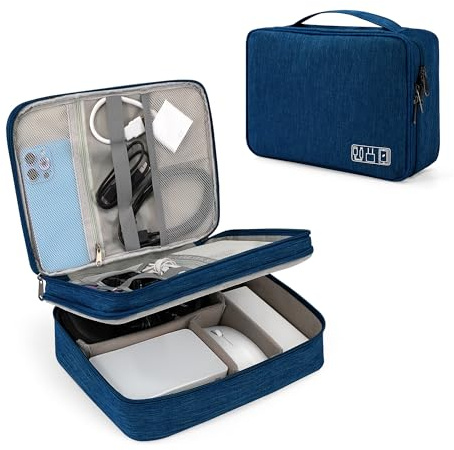 Tunejoy Borsa Accessori Elettronici Portatile Custodia per Elettronica Organizzatore Doppio Strato Impermeabile per Cavi Disco Rigido Caricatore Grigio 27x20x8 cm Blu Scuro