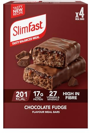 SlimFast Meal Replacement Snack Bar • Chocolate Fudge Flavour • 211 Cals • 15g Protein • 23 Vitamins and Minerals • Tasty and Perfect On The Go • 4 x 60g Bars