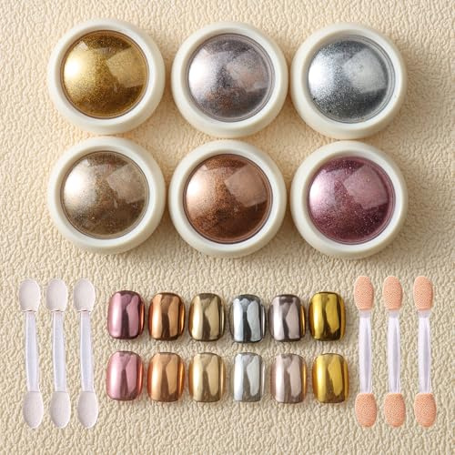 OHYER 12 stycken kroma nail pulverpigment för naglar neo nails glitterpulver för pyssel body glitter Aurora glazed donut glassy pärla nagelpulver dipping pulver svampborste (magisk spegelpulver)