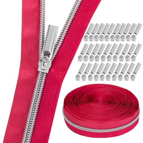 GUBOCA 9 m dragkedja, sydd oändlig dragkedja med dragkedja, med 30 stycken dragkedjor, tillbehör för väskdekoration (silver, rosa)