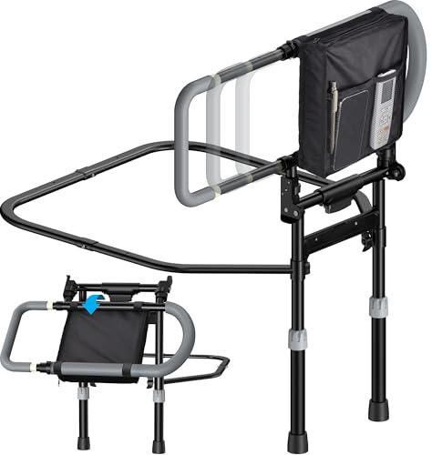 LyriFine Bed Rails for Elderly Adults, Foldable Bed Rail for Elderly with Storage Pocket, Extendable Handle, Height Adjustable Bed Rails for Elderly with Floor Support Black