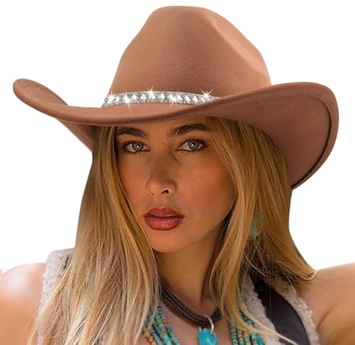 DRESHOW Cappello da Cowboy Donna e Uomo Cappelli Western da Cowboy e Cowgirl a Tesa Larga con Scintillante Strass Cappelli Fedora in Feltro Arrotolati Unisex