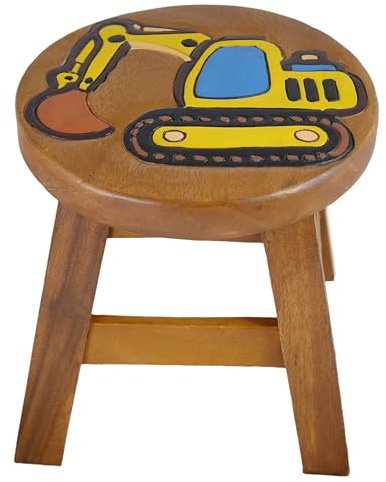 Tokoindah Kinderhocker Holz Massiv - Handgefertigter Kinderstuhl mit eingeschitztem Bagger Motiv, Runder Schemel für Kinder;