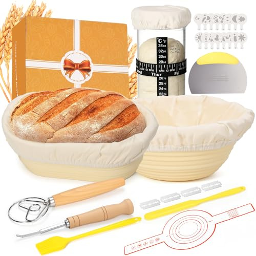 BBWELL Cesta de Fermentación para Pan,Kit para Hacer Pan Masa Madre de 12PCS con 2 Cestas de Pan de Silicona (23/26 cm),Bote Fermentacion y Accesorios de Panadería,para Principiantes y Experimentados