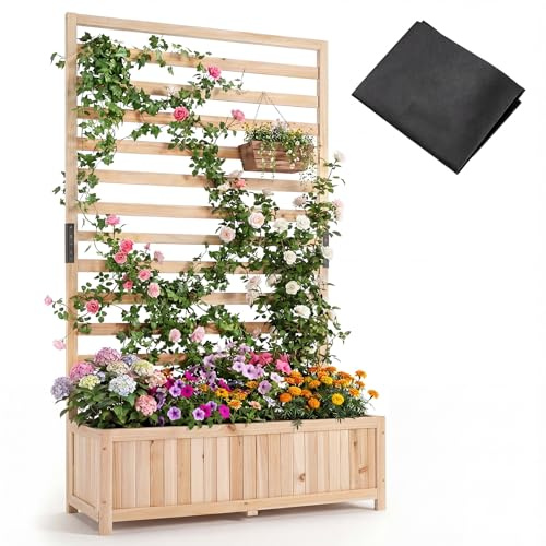 COSTWAY Wooden Planter with Trellis, Raised Garden Bed with Liner, Drainage Design & Removable Bottom Panels, Outdoor Trough Planter Box for Climbing Plants Vines (Natural, 90 x 35 x 150cm)
