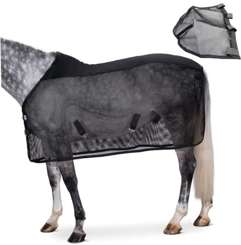 Mosquitera para caballos, Sábana antimoscas de malla ajustable con cubierta para la nariz, protección transpirable contra insectos de verano para pastos y participación, negro, tamaño 187cm/73, 62 pul