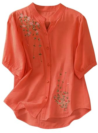 Camicetta Estiva da Donna Curvy Elegante Blusa con Bottoni Manica Corta Basic Tshirt Casual Camicia Vintage Scollo a V Shirt Tops Leggero Fantasia Maglia Boho Camicetta Ricami