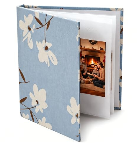 Portable Photo Album 6x4 Inch 100 Pockets,Slip in Linen Cover Picture Album Book,Large Capacity Picture Albums for Wedding Anniversary Family Baby Vacation Travel(Blue)