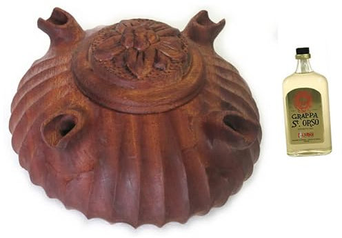 Grolla de la amistad valdostana de 4 picos rústica de madera de caoba de 19 mm de diámetro con Grappa S Roch Mignon 3cl para preparar el café a la valdostana