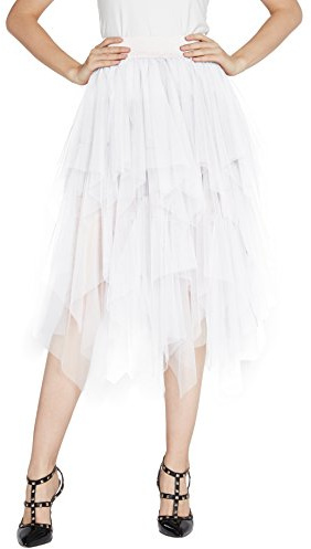 Urban GoCo Mujeres Enagua Falda Corta Midi Tul Damas Cintura Elástica Asimetricas Tutu Falda para Fiesta Danza (S, #2 Blanco)