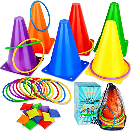 Eocolz Outdoor Spiele für Kinder Pylonen Kinder Cornhole Spiel Outdoor Ringwurfspiele, Gartenspielzeug Kinder 3 in 1 Wurfspiel Karnevals Spieleset Kunststoffkegel Sitzsäcke für Kindergeburtstag Party