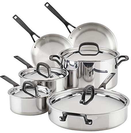 KitchenAid 30001 5-Ply Clad Stainless Steel Cookware Pots and Pans Set, Polished Stainless