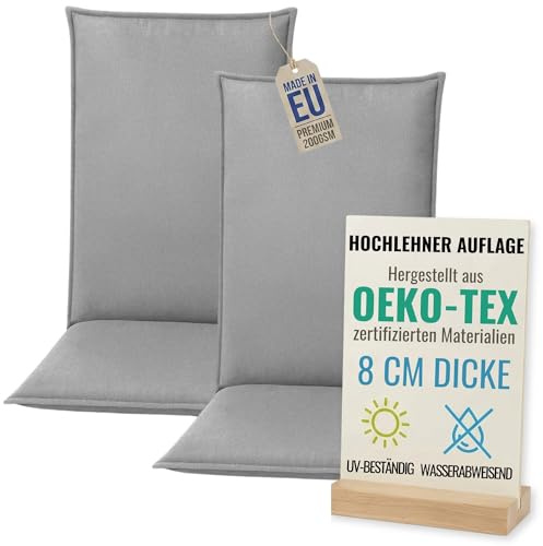 Pillows24 - Hochlehner Auflagen 2er Set - 120x50cm – 8cm Dick - Premium-Material 200gsm, UV- & Wasserabweisend | Sitzauflagen Hochlehner | Gartenstuhlauflagen für Gartenmöbel | Grau