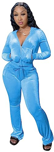 Womens 2 Piece Velour Hoodie Jogger Tracksuit Two Piece Outfits for Women, Long Sleeve Full-Zip Up Velvet Crop Tops Jacket Flared Pants Fall Lounge Matching Sets Sportswear Jogging Sweatsuit Pockets