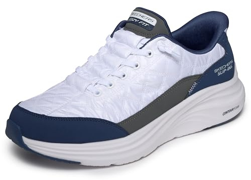 Skechers Men's Contour Foam Cozy Fit Hands Free Slip-in Sneaker,White/Navy,9.5