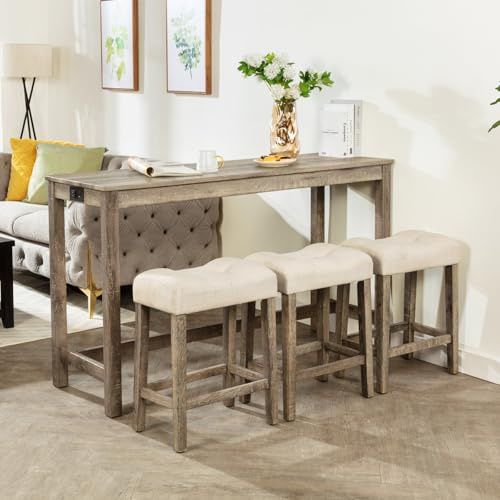 Ball & Cast 4 Piece Dining Bar Table and Chairs Set, Farmhouse Wooden Kitchen Island-Table w/USB Ports&Power Outlet & 3pcs Upholstered Stools, 59 Counter-Table with Stool, Charging Station, Brown