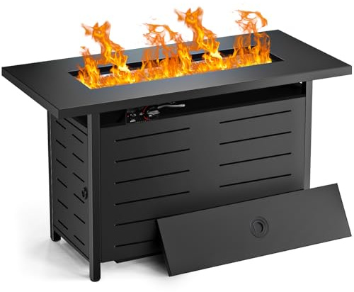 Hykolity 42 Inch Gas Fire Pit Table, 60,000 BTU Propane Pits for Outside with Steel Lid and Waterproof Cover, 2 in 1 Firepit Table Gatherings Parties on Patio Deck Garden Backyard, Black