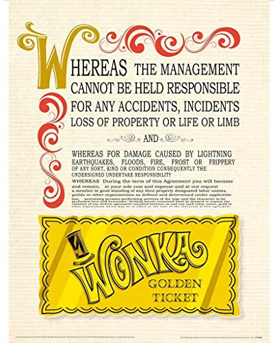 Willy Wonka & the Chocolate Factory Imprimé ticket doré, Crème/noir/jaune, 40cm x 30cm