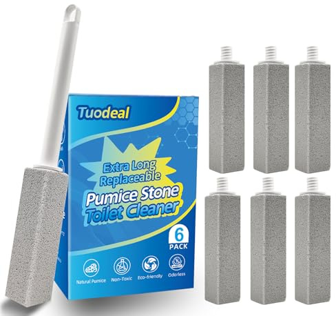 Pumice Stone Toilet Bowl Cleaner with Extra Long Handle - Effortlessly Removes Hard Water Stains, Limescale, Calcium, Rust from Toilets, Bathtubs, Grills, Pools & Sinks, 1 Wand+6 Pumice Stones