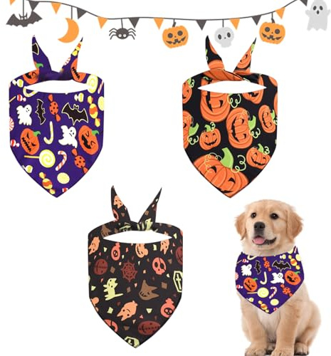 KASESSS 3 Pieces Halloween Dog Bandana, Cat Bandana Set, Breathable Bandanas for Dogs, Washable dog Bandanas for Small Dogs, Dog Neckerchief Pumpkins Bat Style for Small Medium Large Pets
