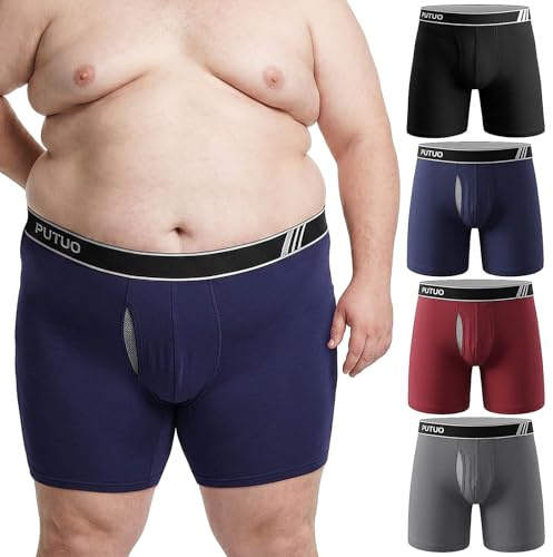 PUTUO Big & Tall Mens Boxer: Long Leg Plus Size Underwear for Men - Supportive Wide Waistband Comfortable Breathable Big Size Boxer Briefs Multipack 4 Pack XL-5XL