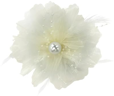 Broche fleur en organza avec plumes et perles d'imitation, 14 cm – Tissu floral surdimensionné pour invités de mariage, banquet et occasion formelle, accessoires de costume