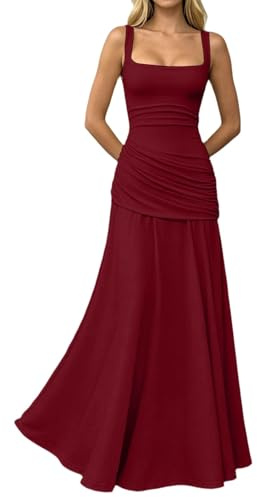 Robe de demoiselle d'honneur longue pour femme - Robe trapèze plissée - Robe de soirée élégante pour mariage - Robe de mariée sans manches - Robe de bal festive - Robe de cocktail, 06 rouge., M